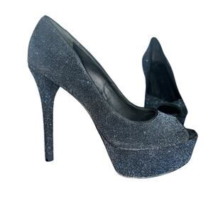 Brian Atwood Midnight Sparkle Platform Heels 7.5 Peep Toe Glitter Pumps